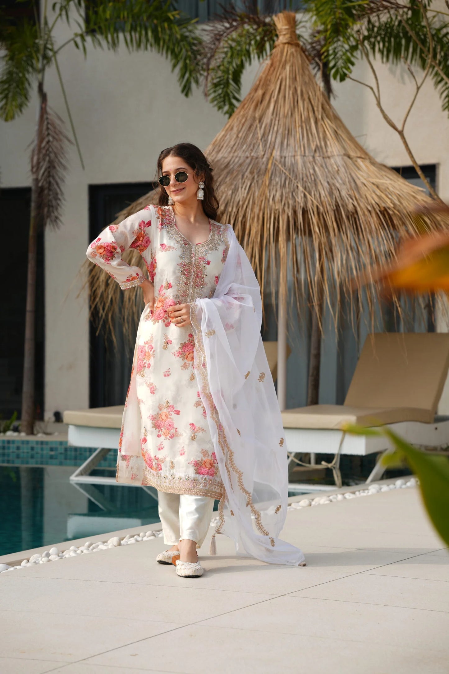 Off White Kundan Organza Suit