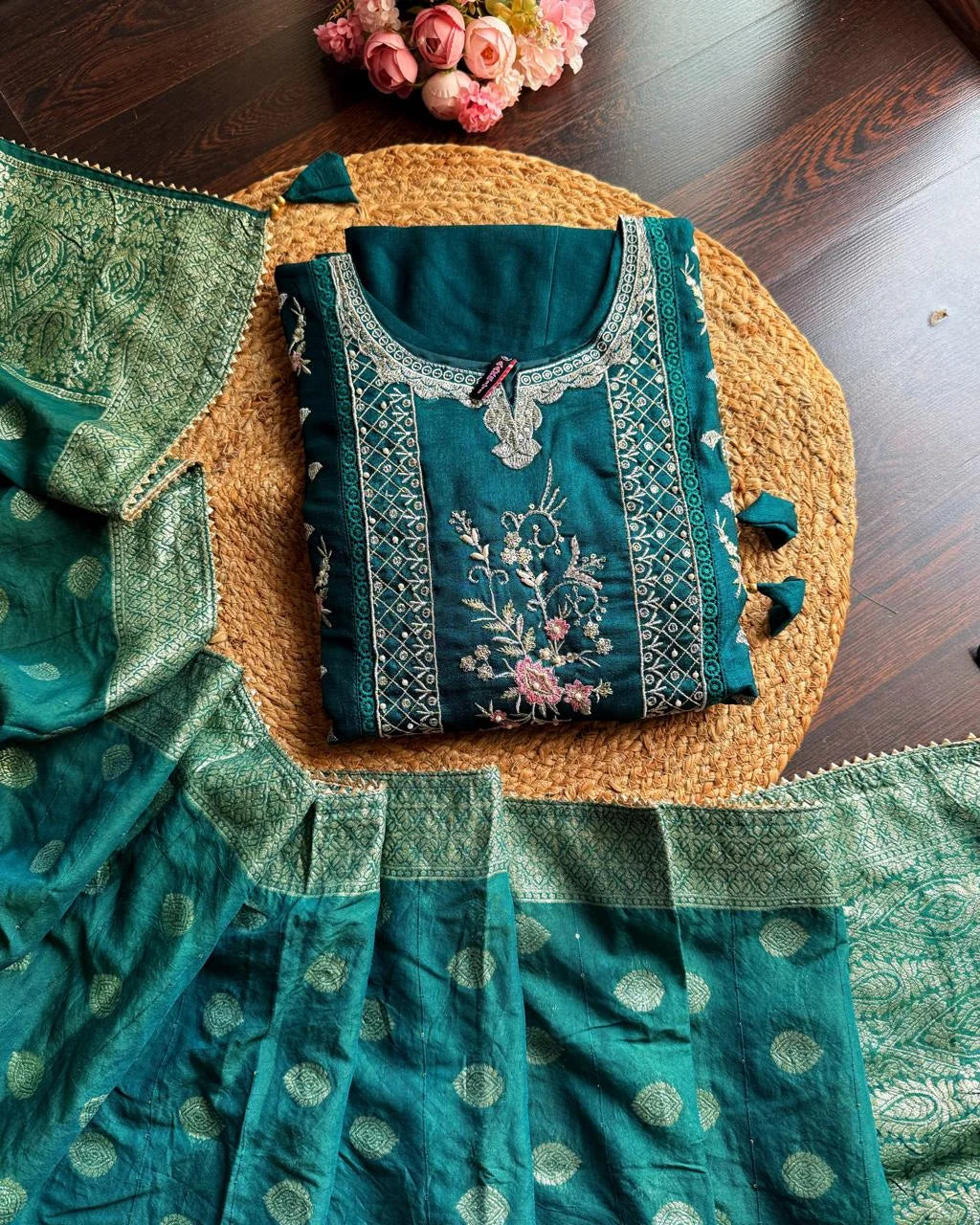 Pure Dola Silk Embroidered Suit -Bottle Green