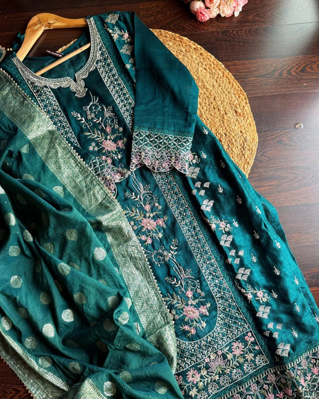 Pure Dola Silk Embroidered Suit -Bottle Green