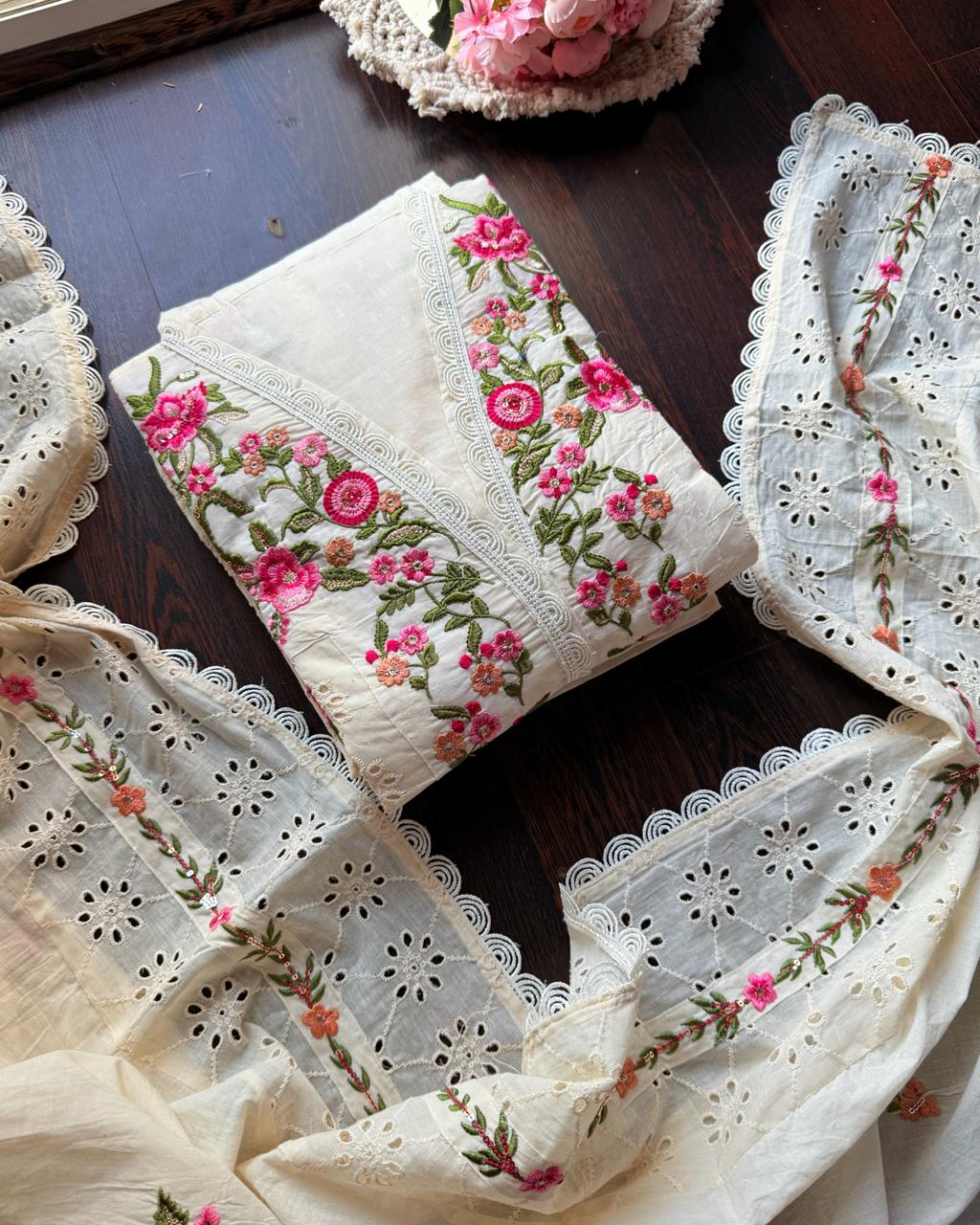 Premium Kora Cotton Embroidered lvory Suit