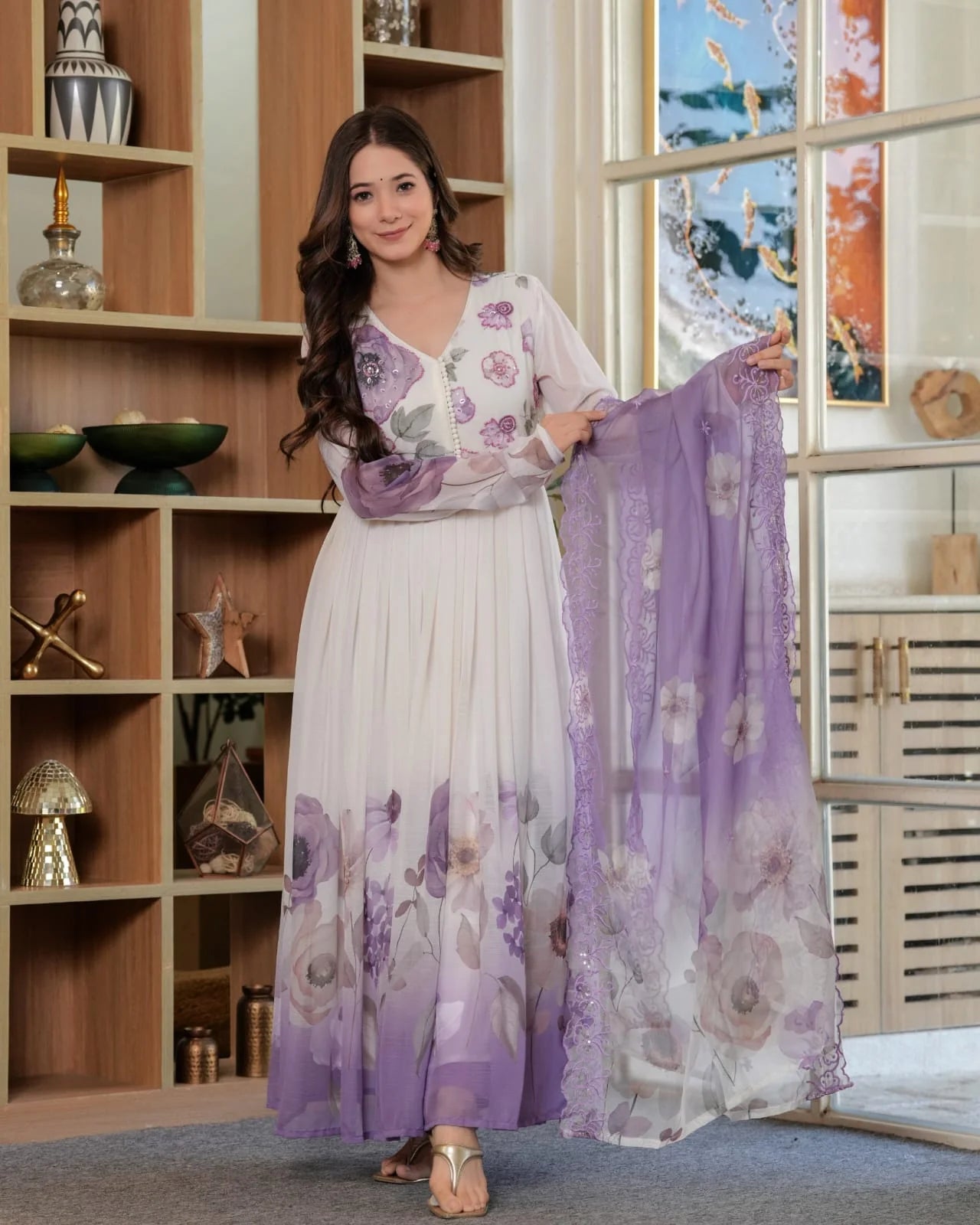 Premium Viscose Chiffon Flared Anarkali- LAVENDER