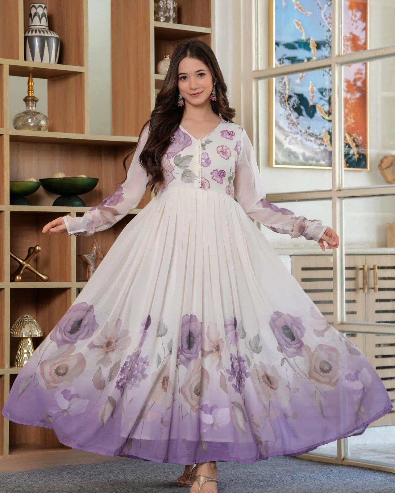 Premium Viscose Chiffon Flared Anarkali- LAVENDER