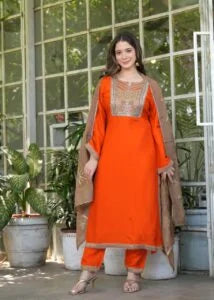Pure Dola Silk Handwork Suit- Orange