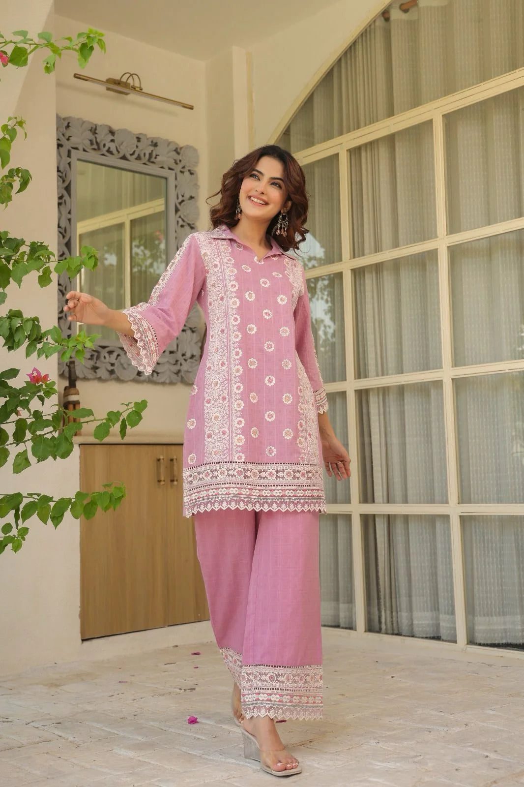 Premium Embroidery Cotton Coords-Lilac