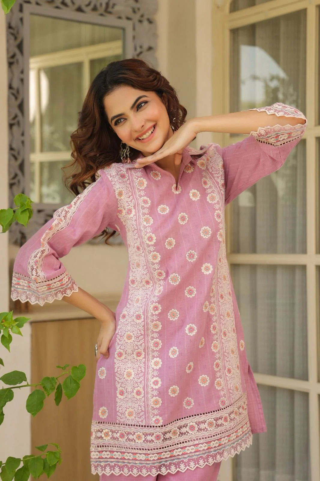 Premium Embroidery Cotton Coords-Lilac