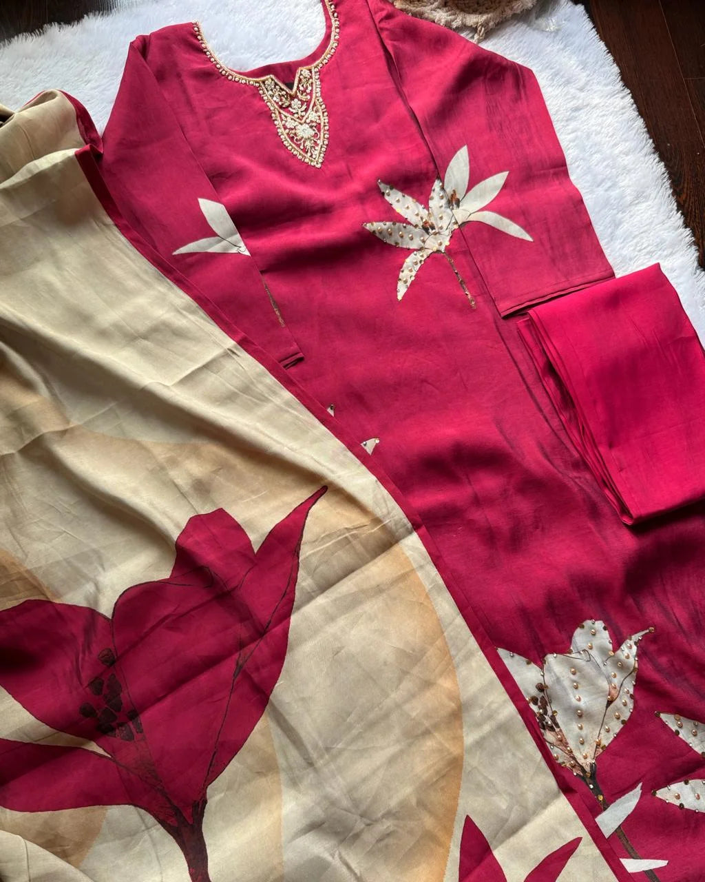 Butter Muslin Handwork Suit-WINE