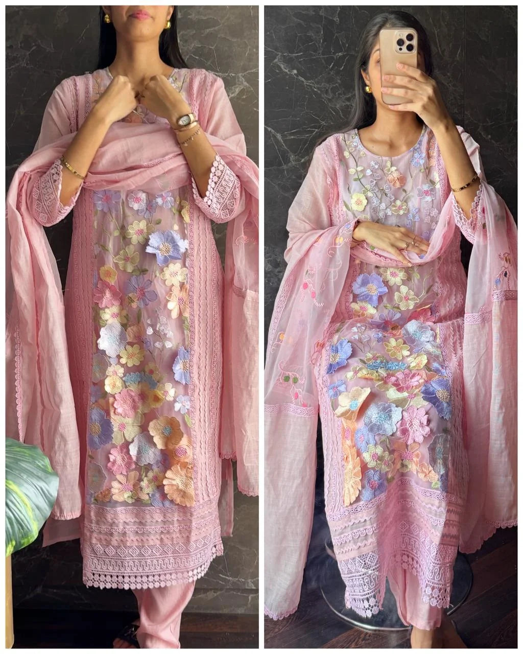 Premium 3d flower Linen Suit- Peach