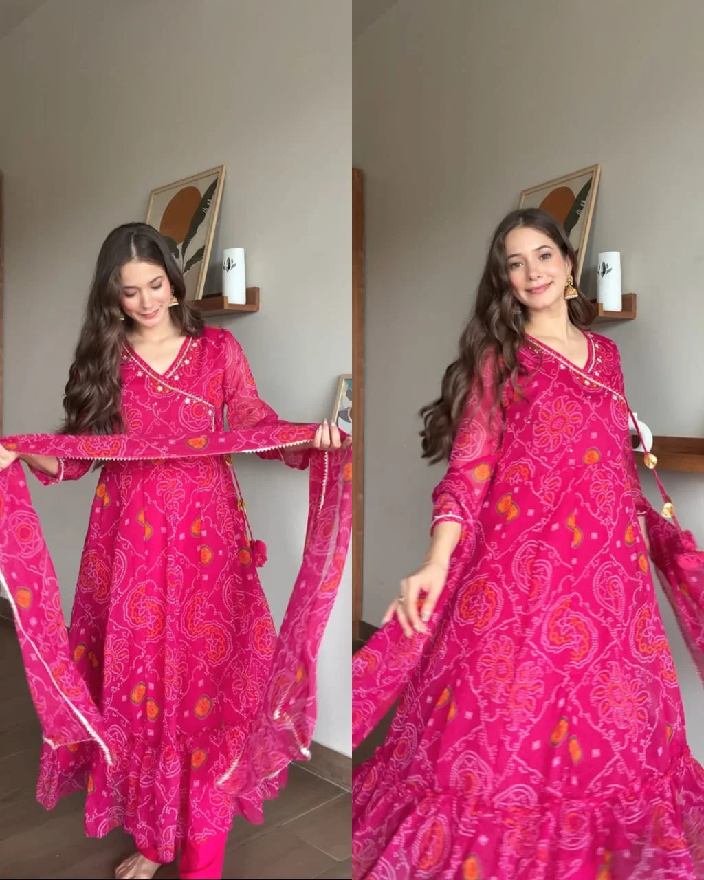Teej Special Pure chiffon Bandhej Anarkali