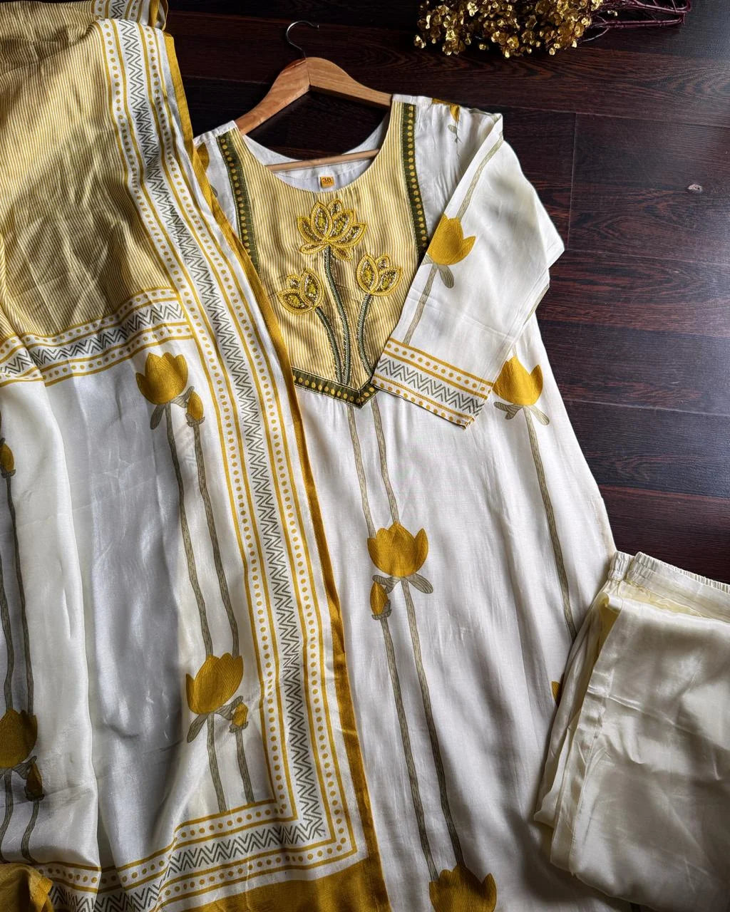 Premium Russian Silk Hand work Suit -Ivory
