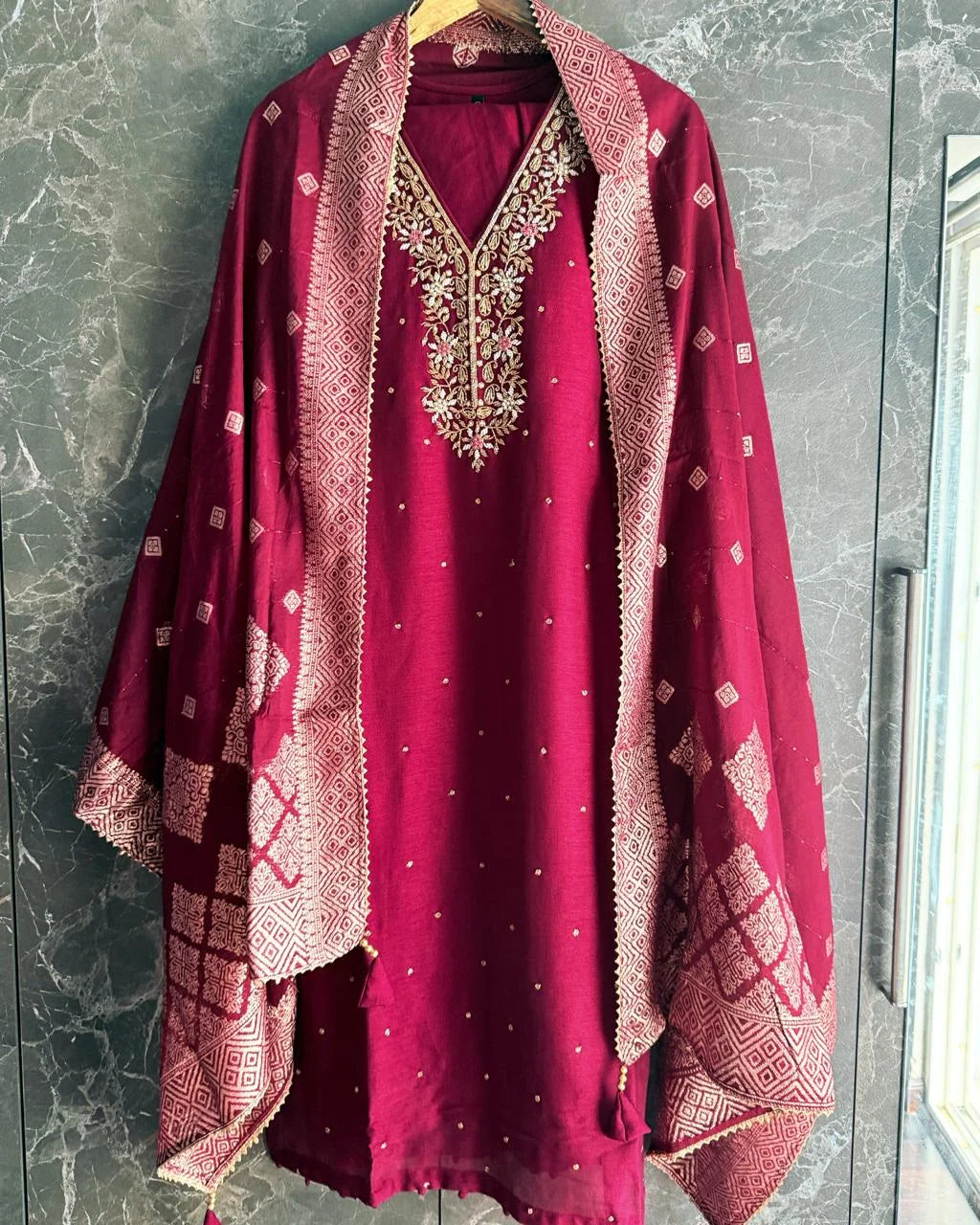 Premium Dola Silk Hand work Suit -Wine