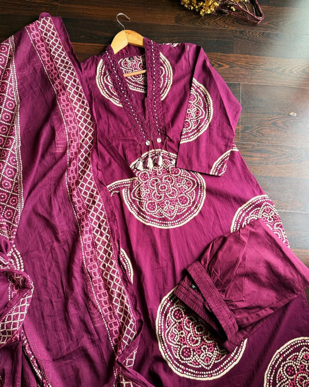 Pure Cotton Bandhej Suit -Wine