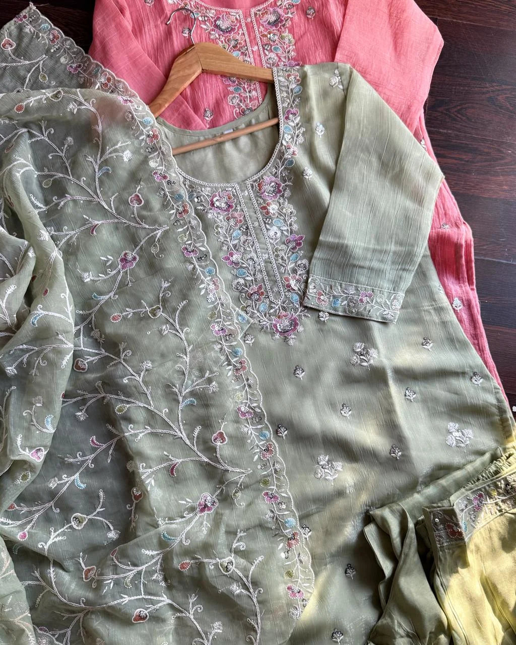 Premium shimmer Organza Embroidery Suit -Pista Green