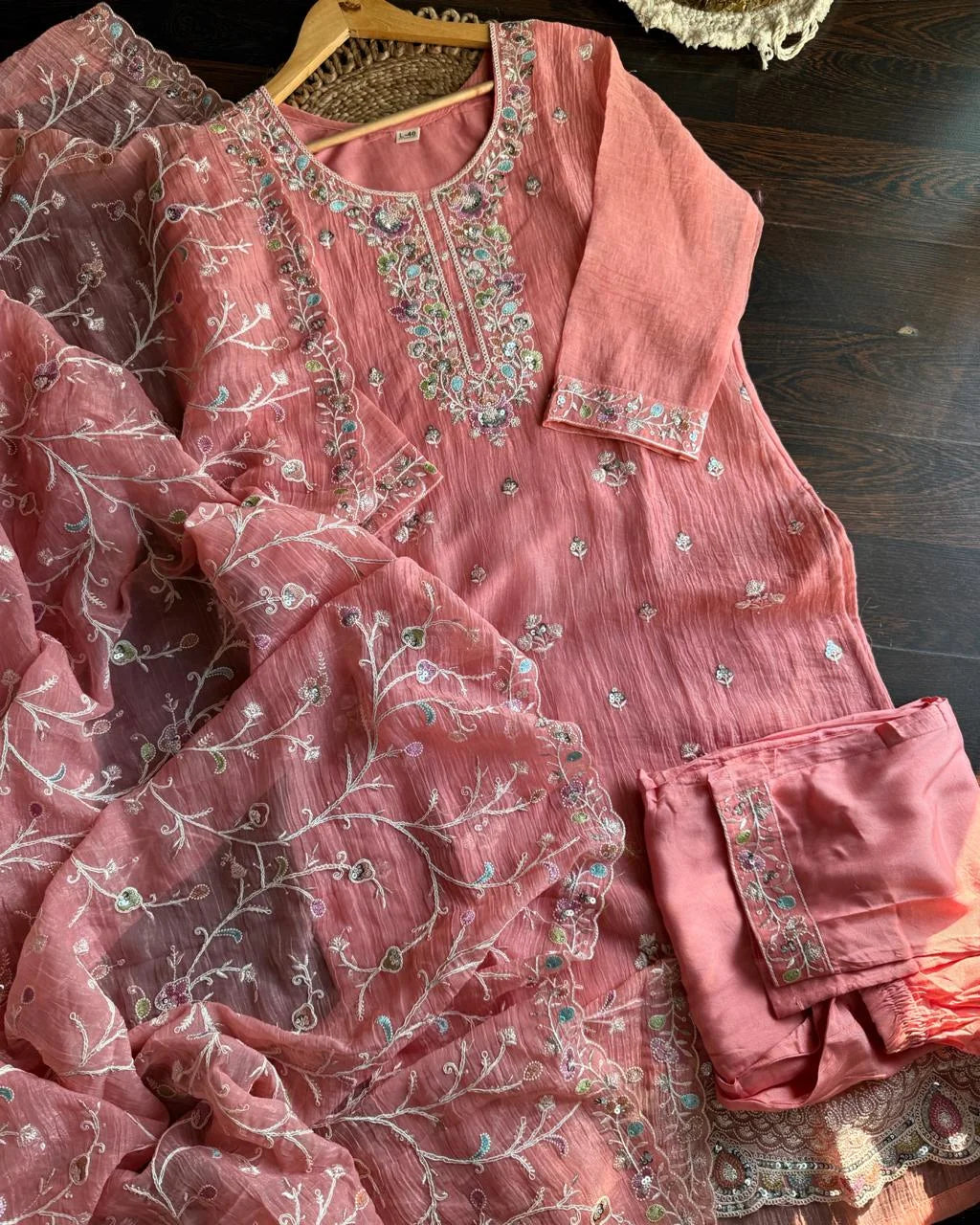 Premium Shimmer Organza Embroidery Suit -Peach