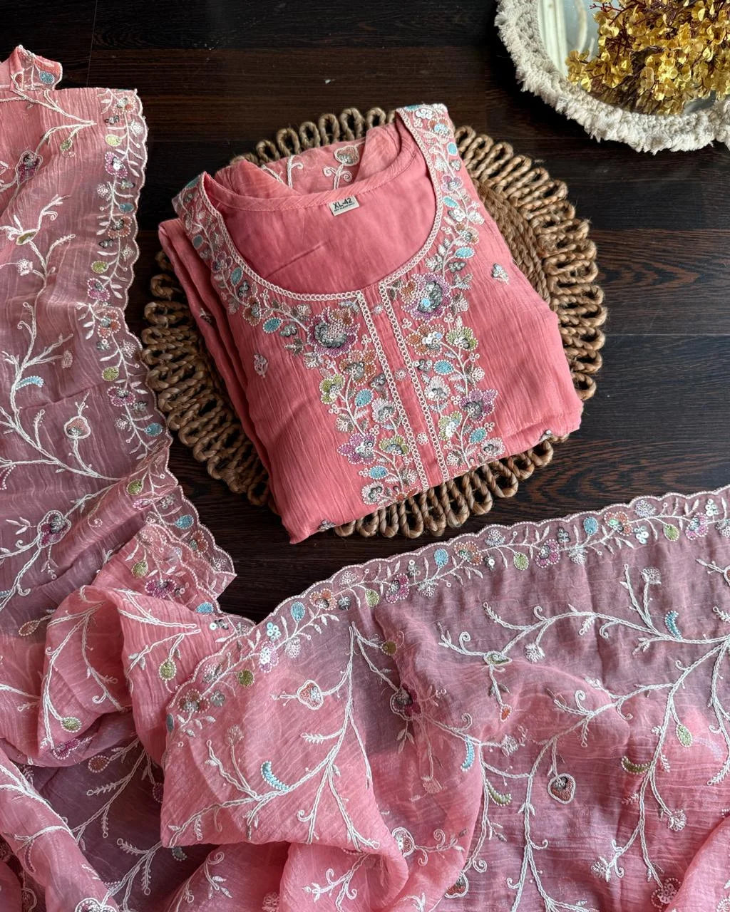 Premium Shimmer Organza Embroidery Suit -Peach