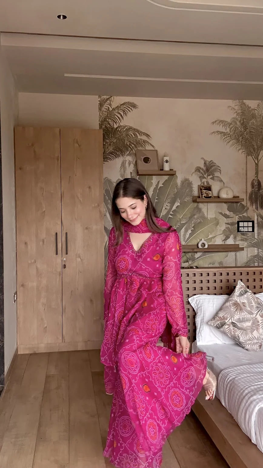 Pure Chiffon Bandhej Sharara Set with Hand Work