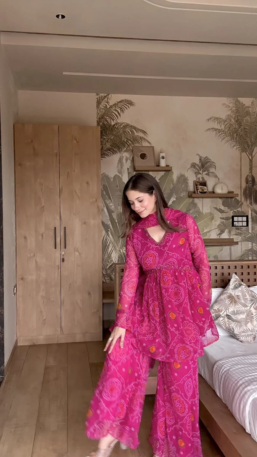 Pure Chiffon Bandhej Sharara Set with Hand Work