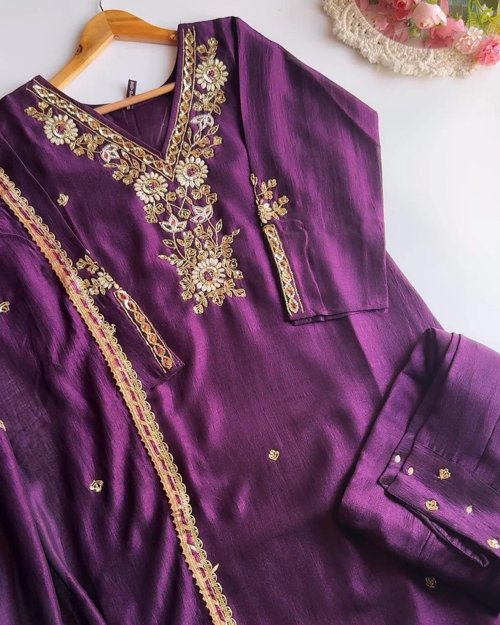 Premium Dola Silk Hand Work Suit – Dark Purple
