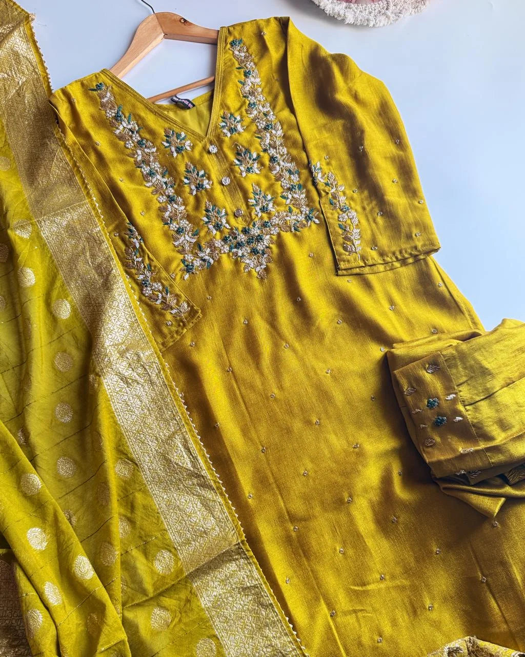 Pure Dola Silk Hand Work Suit – Golden Mustard