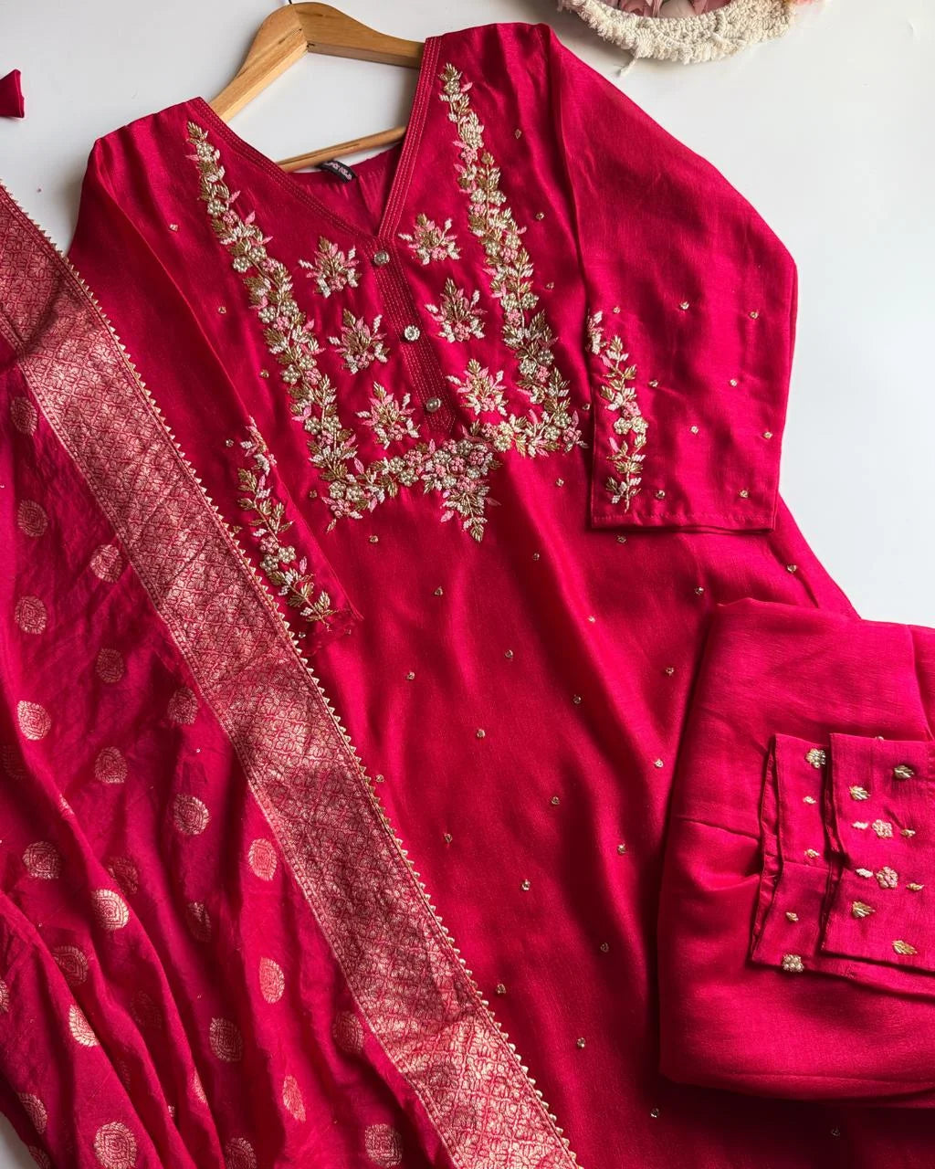 Pure Dola Silk Hand Work Suit -Magenta
