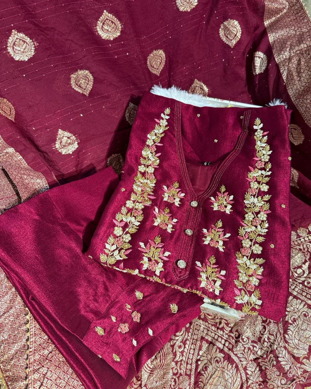 Premium Cherry Wine Hand Work Dola Silk Suit
