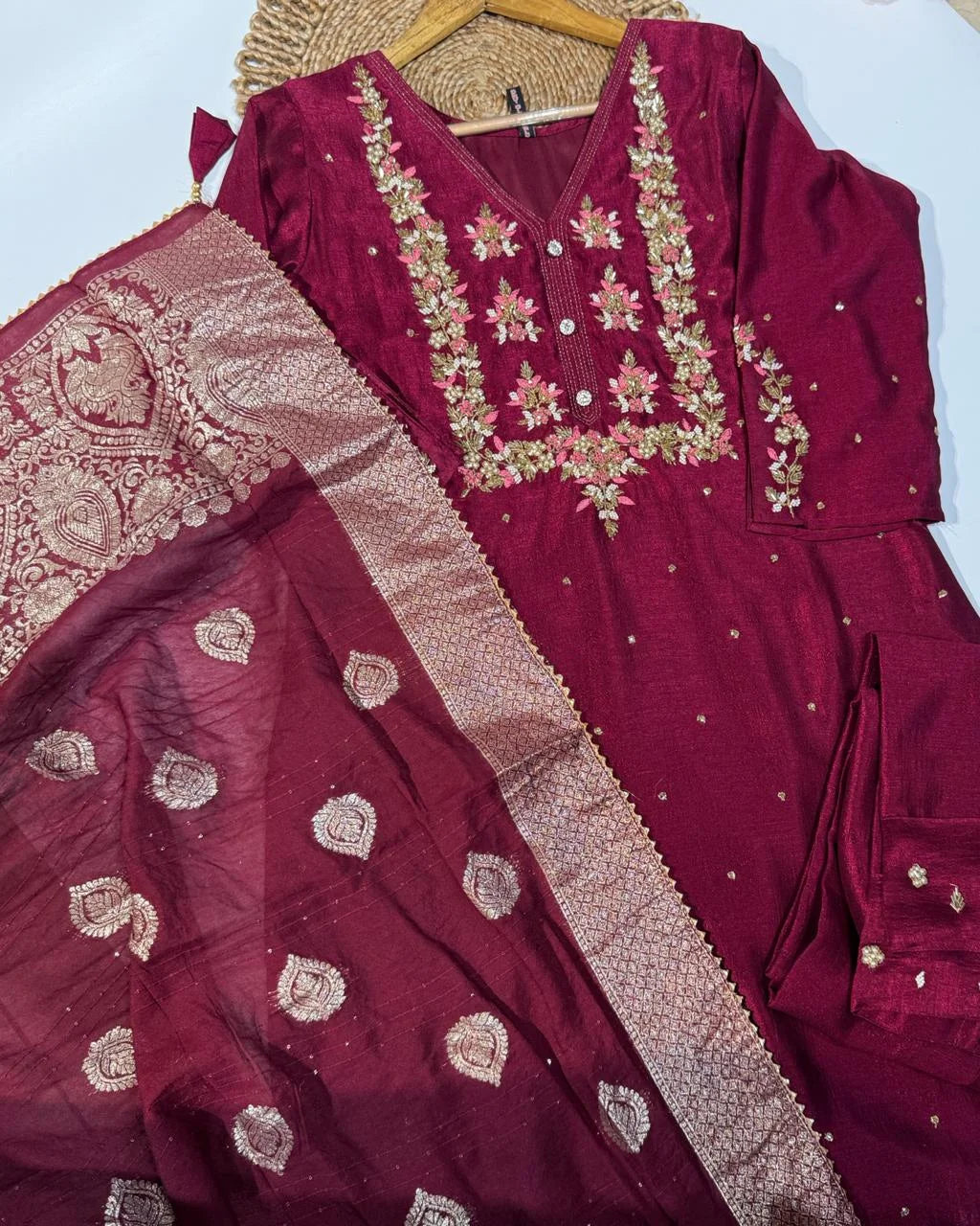 Premium Cherry Wine Hand Work Dola Silk Suit