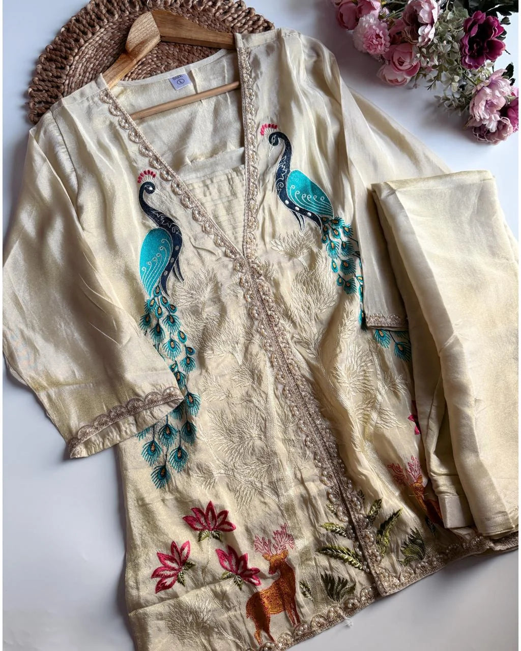 Ivory Peacock Embroidered Coord