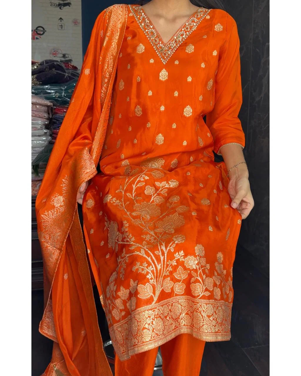 Premium Crepe Jaquard Suit -Orange