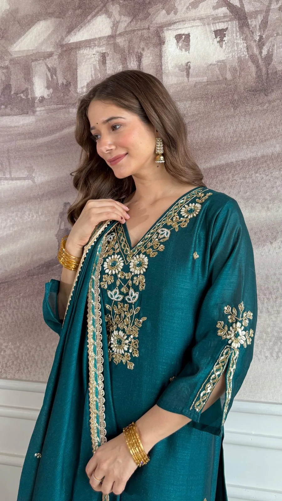 Premium Dola Silk Hand work Suit – Rama Green