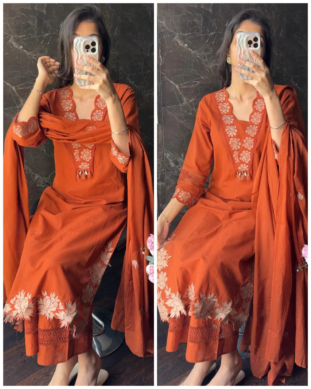 Premium Cotton Embroidered fit – Rust Orange