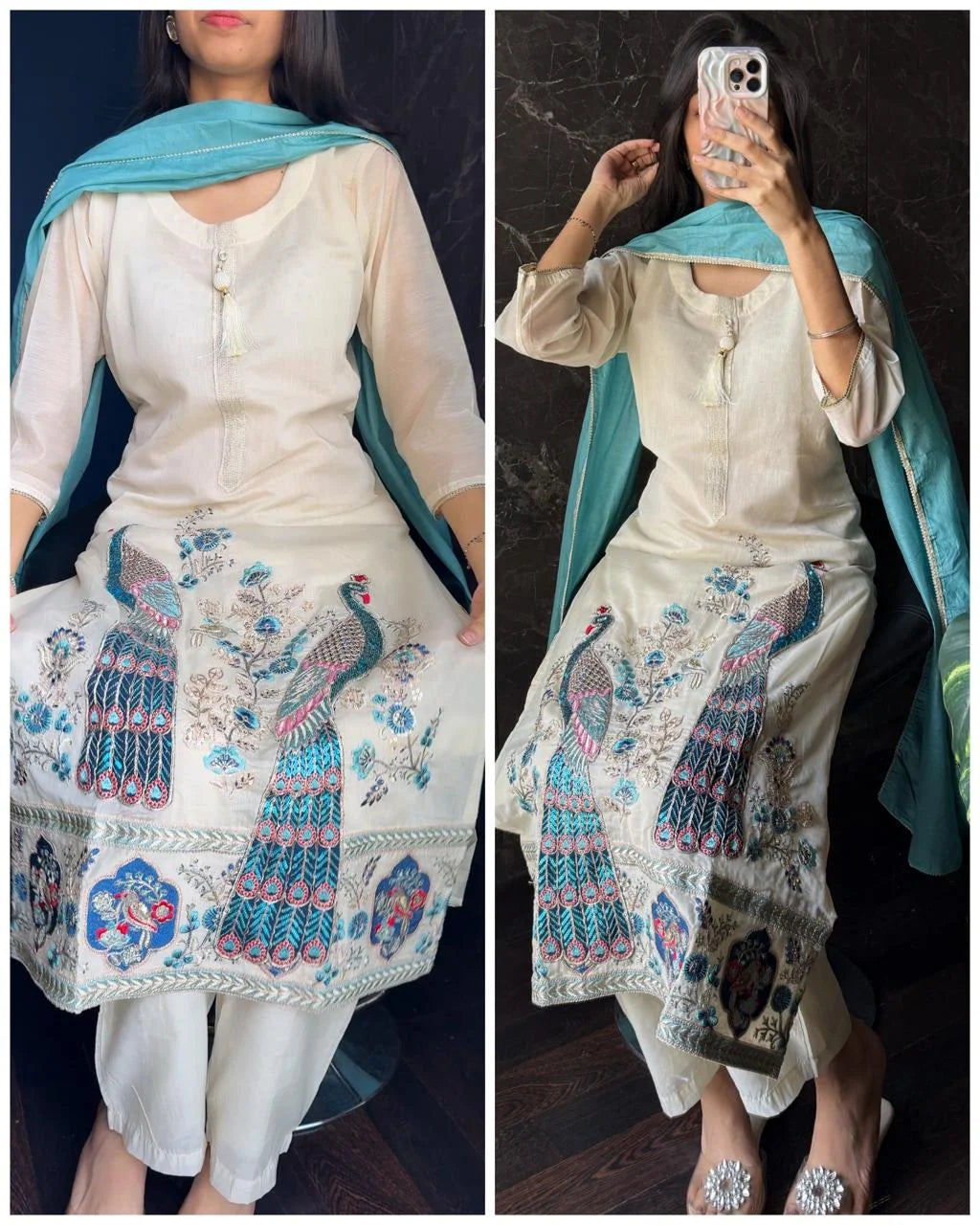 Chanderi Peacock Suit – Ivory