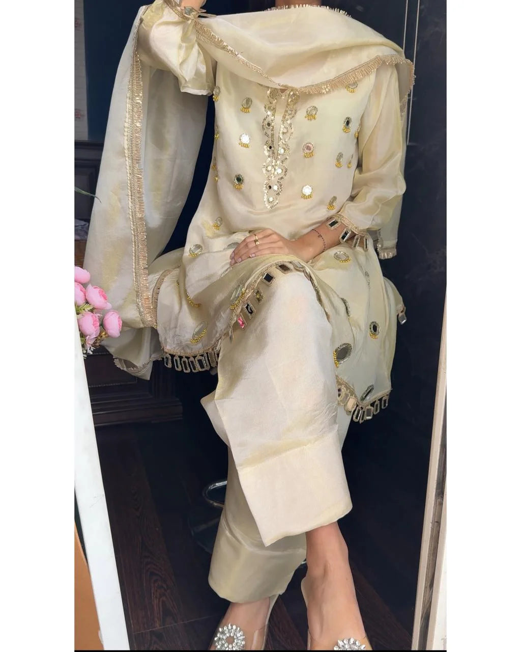 Boho Farsi Mirror Work Tissue Shimmer Suit – Ivory