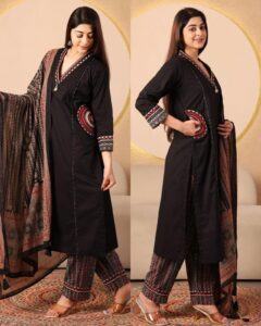 Stylish Embroidered Cotton Pocket Suit – Black