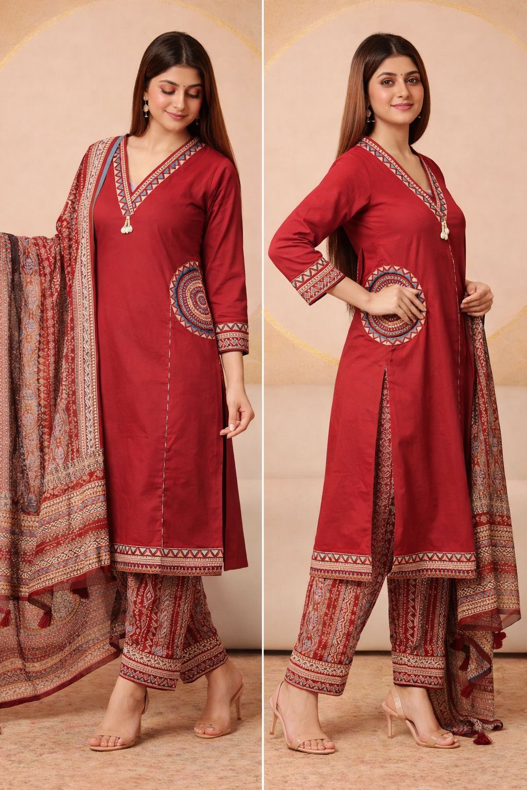 Stylish Embroidered Cotton Pocket suits -Maroon