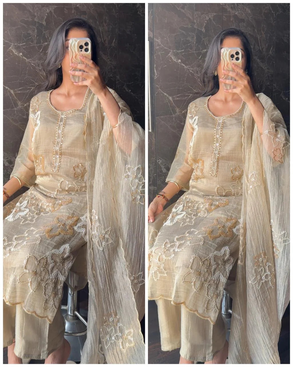 Premium Crush Salsa Fabric Hand work suit – light chikoo