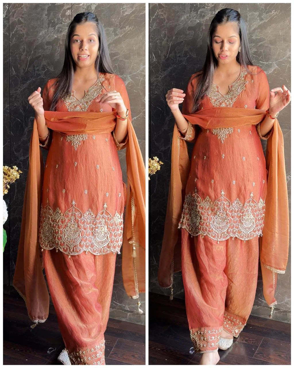 Hand work Short Farshi Crush silk Suit