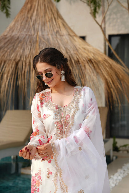 Off White Kundan Organza Suit