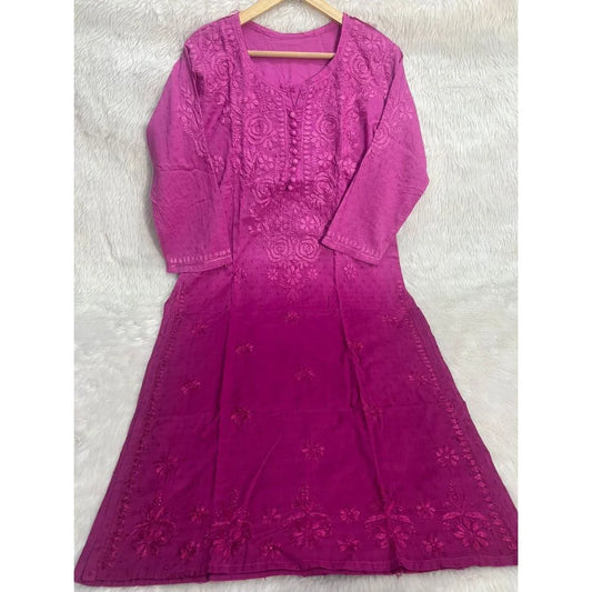 Ombre Chikankari Kurta – Hot Pink