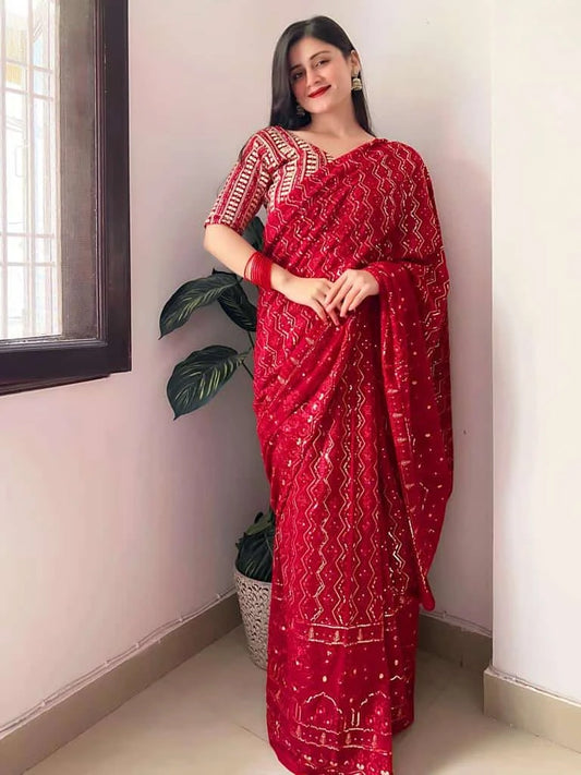 Lal Chikankari Saree