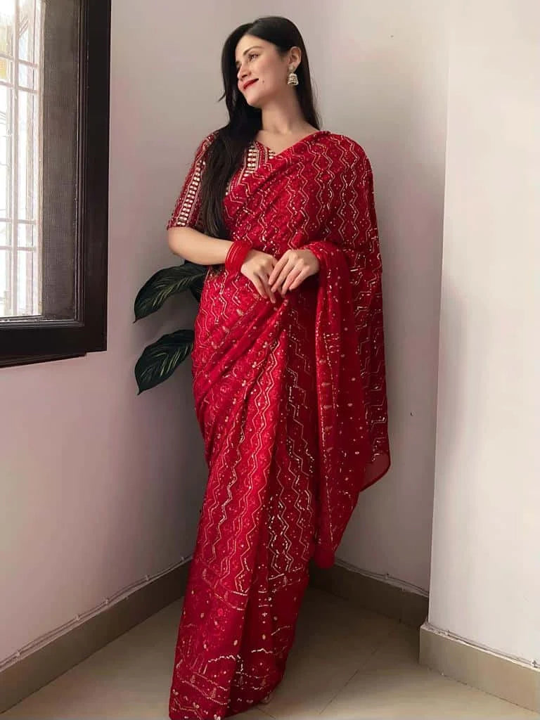 Lal Chikankari Saree