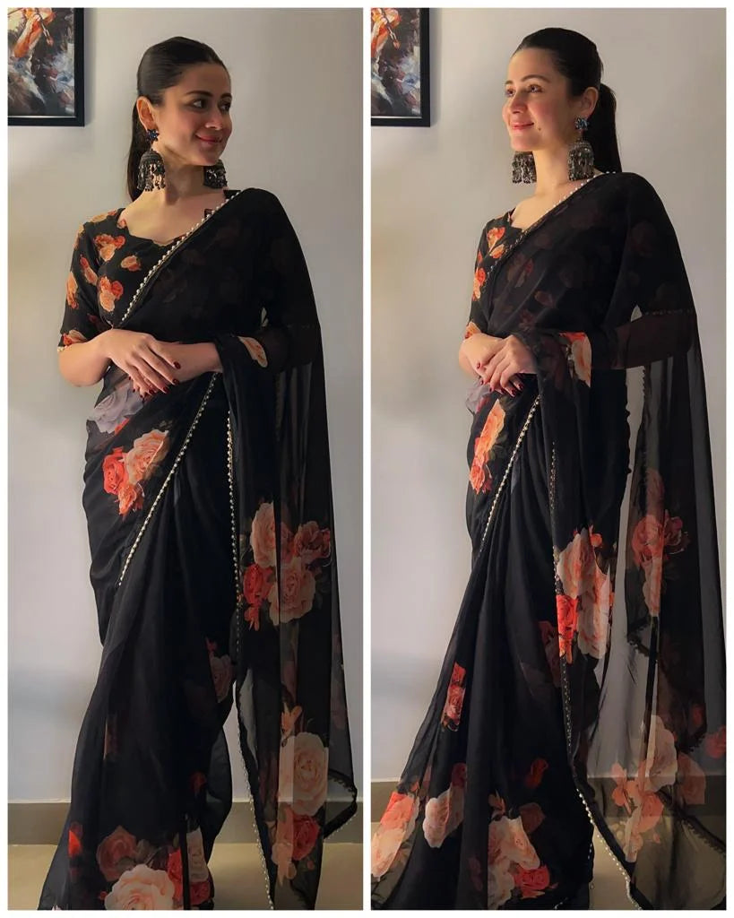 Pearl Floral Saree - Black