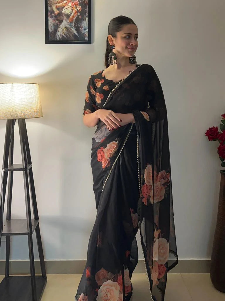 Pearl Floral Saree - Black