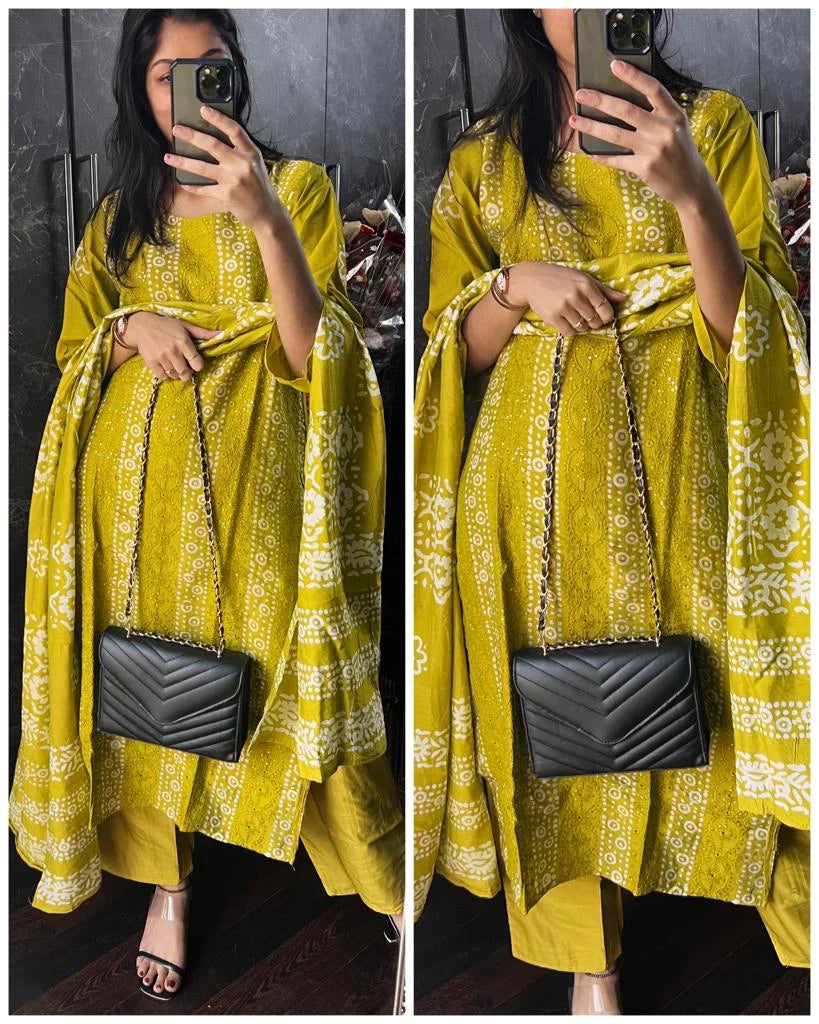 Baatik silk suit- lime yellow