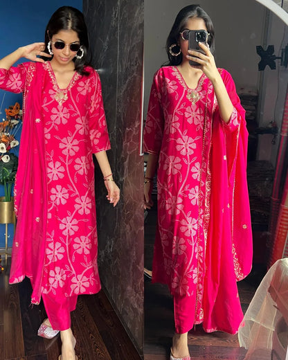 Magenta Muslin Bandhej suit