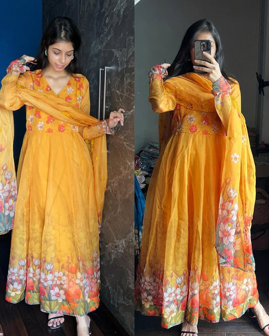 Floral Organza Anarkali-Mustrard