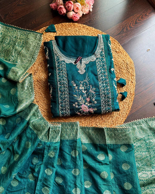 Pure Dola Silk Embroidered Suit -Bottle Green