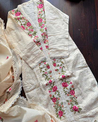 Premium Kora Cotton Embroidered lvory Suit