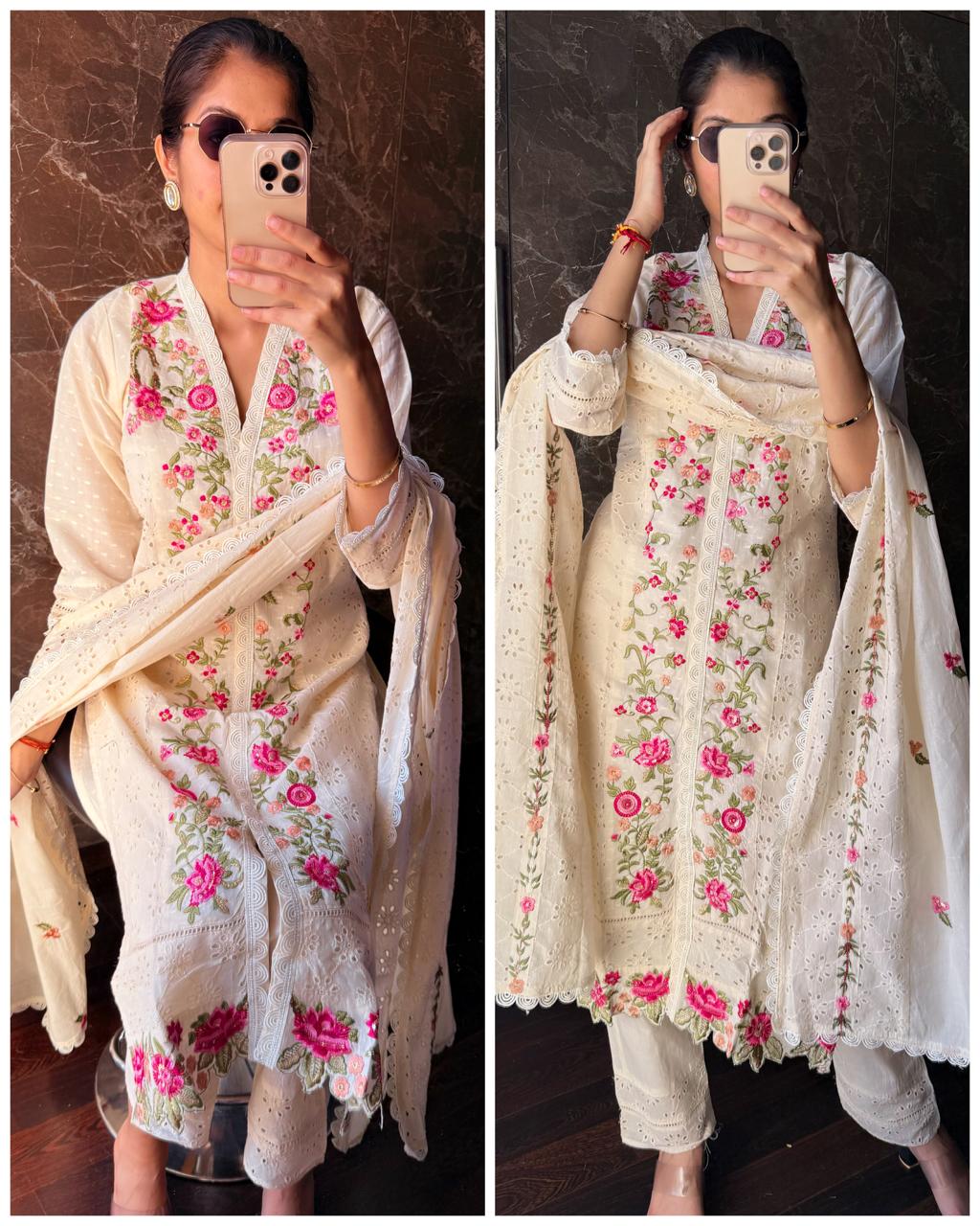 Premium Kora Cotton Embroidered lvory Suit