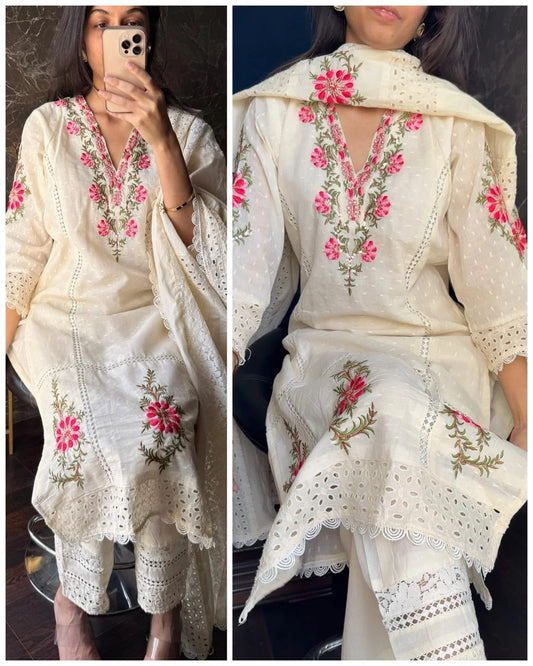 Kora Cotton Embroidered Sciffli Suit
