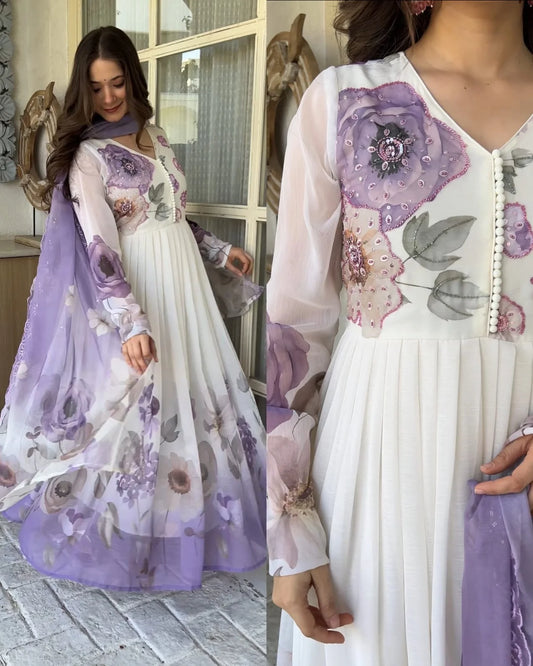 Premium Viscose Chiffon Flared Anarkali- LAVENDER