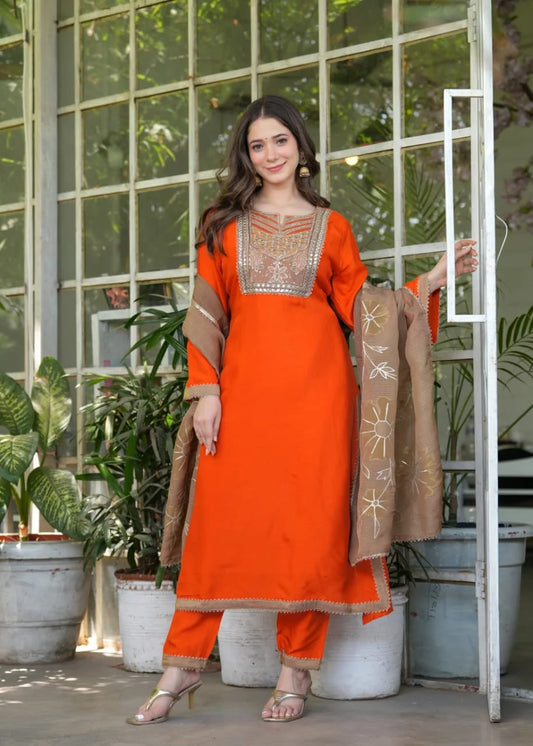 Pure Dola Silk Handwork Suit- Orange